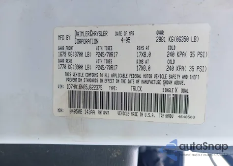 2005 Dodge Ram 1500 Slt/Laramie z USA, uszkodzony, nr VIN 1D7HA16N65J622375